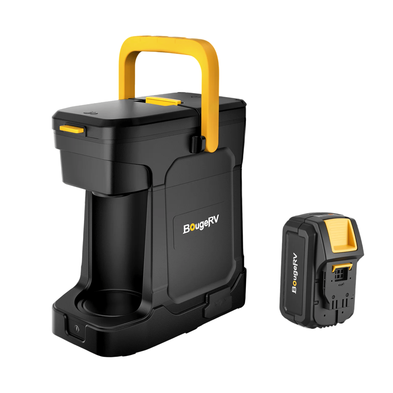 BougeRV portable coffee maker with a yellow handle, accompanied by a detachable battery.