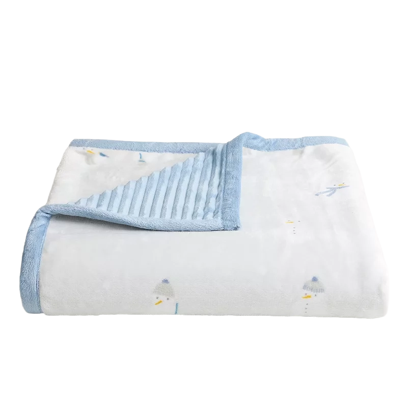 Soft fleece blanket with a light blue trim and a subtle snowman pattern.