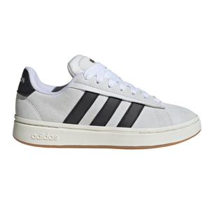 White Adidas sneakers with black stripes, featuring a suede upper, white laces, and a rubber sole with an embossed logo.