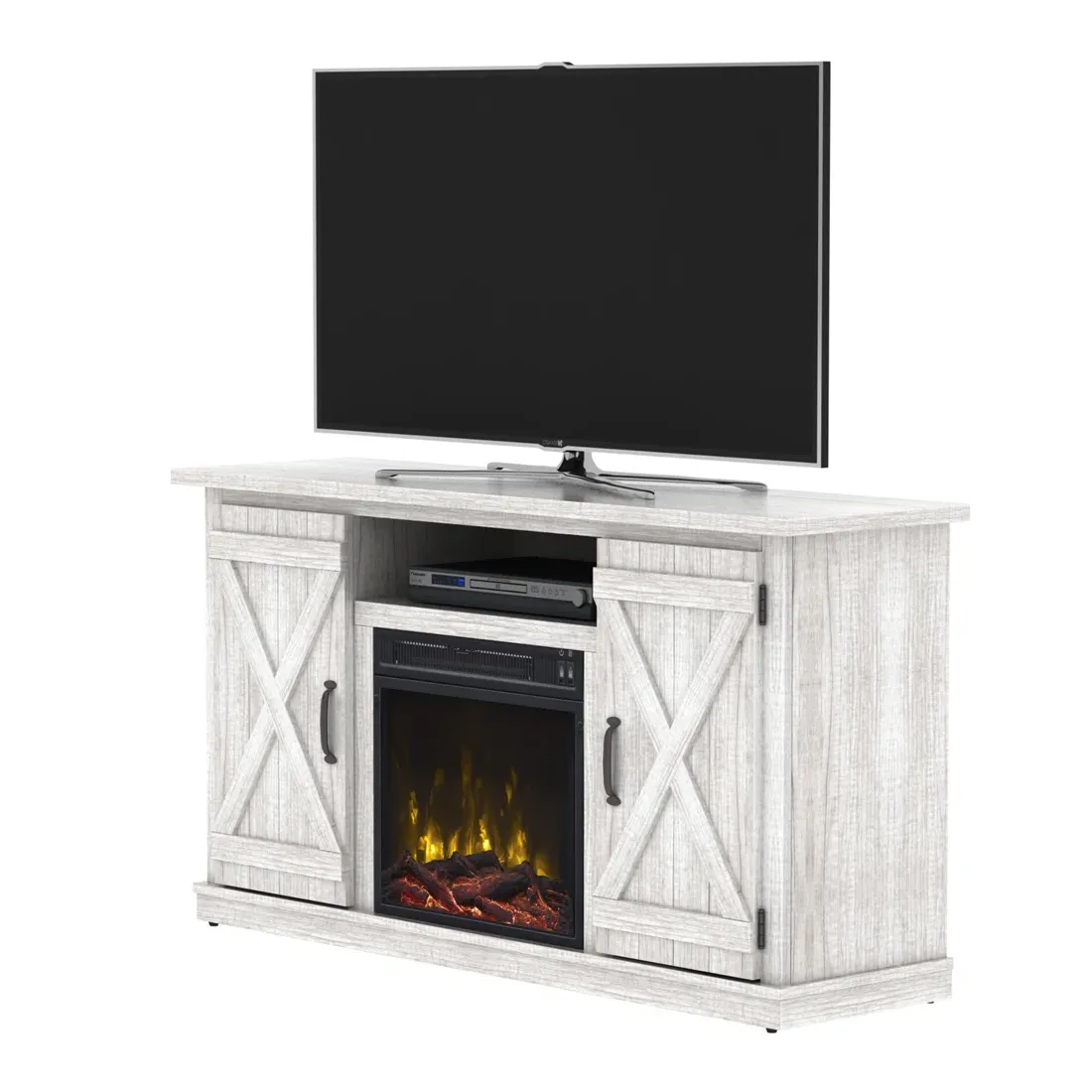 TV stand with a flat-screen TV, featuring barn-style cabinet doors and an integrated electric fireplace.