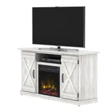 TV stand with a flat-screen TV, featuring barn-style cabinet doors and an integrated electric fireplace.