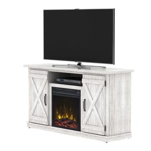 TV stand with a flat-screen TV, featuring barn-style cabinet doors and an integrated electric fireplace.