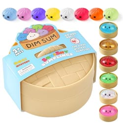 A set of colorful squishy dumpling toys with cute faces in a dim sum-themed packaging, designed for ages 3 and up.