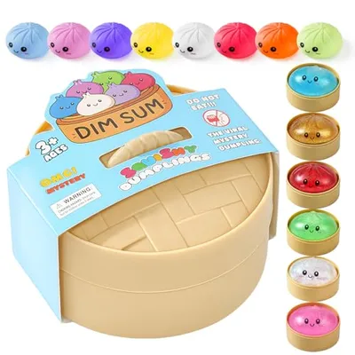 A set of colorful squishy dumpling toys with cute faces in a dim sum-themed packaging, designed for ages 3 and up.