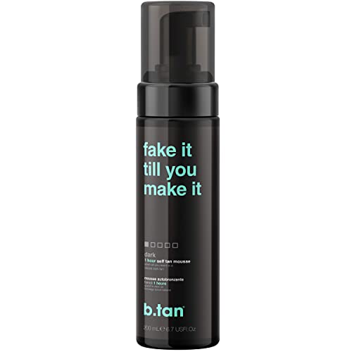 B.Tan 1-Hour Self-Tanner is a dark, self-tan mousse housed in a sleek black pump bottle with white and orange text.