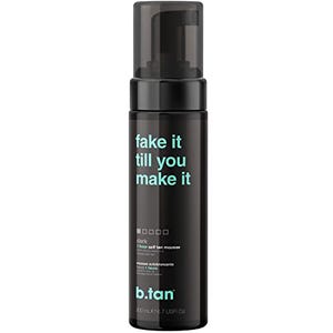 B.Tan 1-Hour Self-Tanner is a dark, self-tan mousse housed in a sleek black pump bottle with white and orange text.