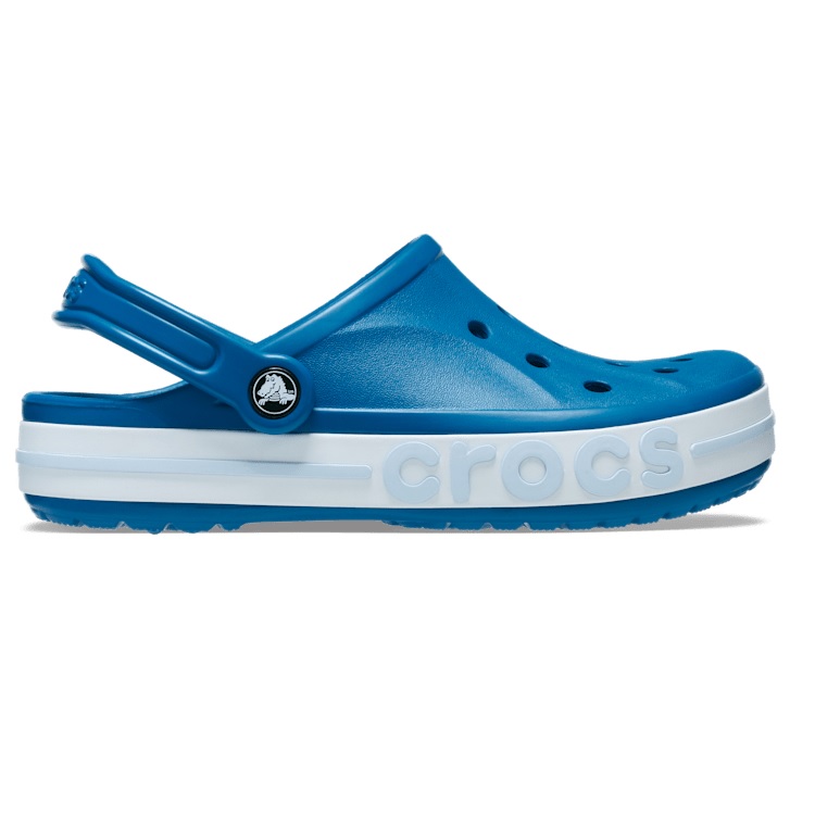 Blue Crocs Bayaband Clogs with a white, raised sole featuring the word \“crocs.\“ They have a heel strap and ventilated design for comfort.