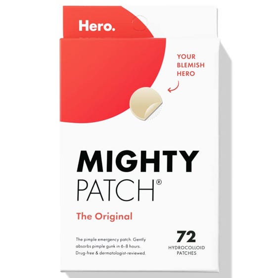 Mighty Patch by Hero features 72 hydrocolloid patches designed to absorb pimple impurities within 6-8 hours, offering a drug-free, dermatologist-reviewed solution for blemishes.