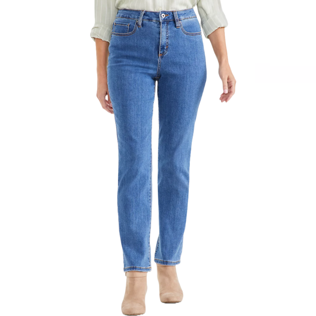 Style & Co. jeans are straight-leg with a high-waisted fit in classic blue denim, featuring five-pocket styling and a button-zipper closure. They are paired with neutral ankle boots.