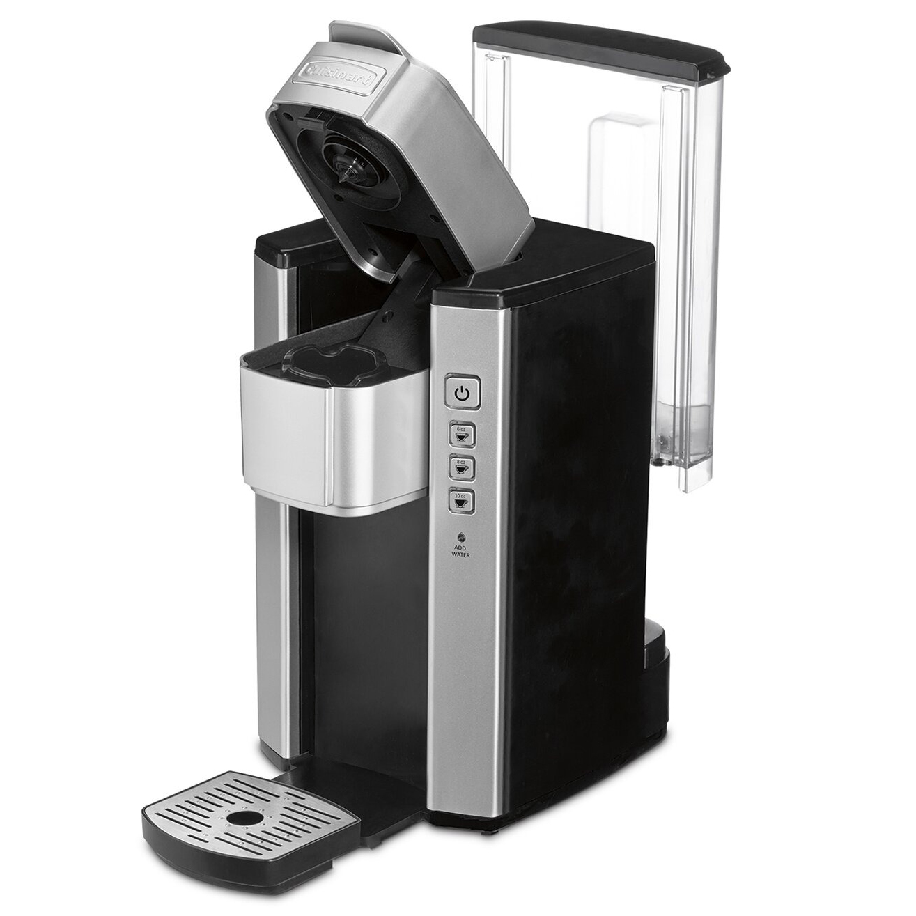 A single-serve coffee maker with a sleek design, featuring a removable water reservoir, a drip tray, and a capsule insertion area with the lid open.