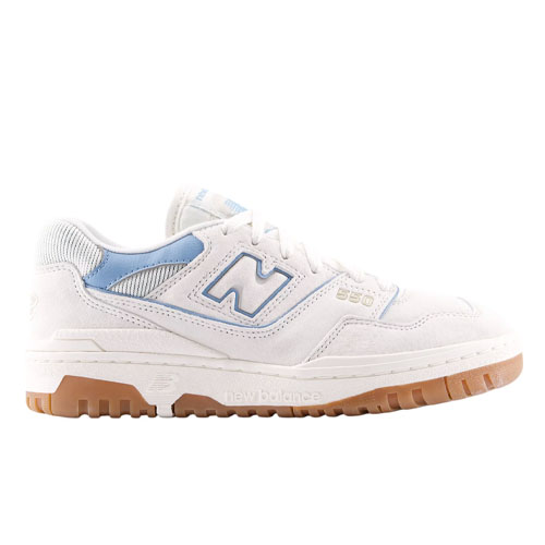 New Balance 550 sneaker in white with blue accents, featuring a gum sole and mesh detailing.