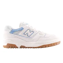 New Balance 550 sneaker in white with blue accents, featuring a gum sole and mesh detailing.