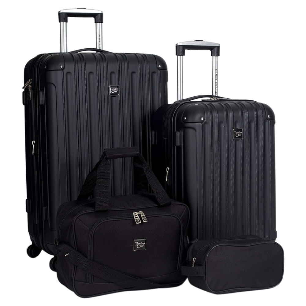 Black luggage set including two rolling suitcases, a duffel bag, and a small accessory pouch.