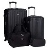 Black luggage set including two rolling suitcases, a duffel bag, and a small accessory pouch.