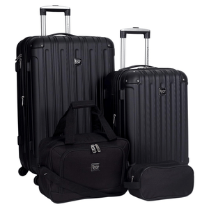 Black luggage set including two rolling suitcases, a duffel bag, and a small accessory pouch.