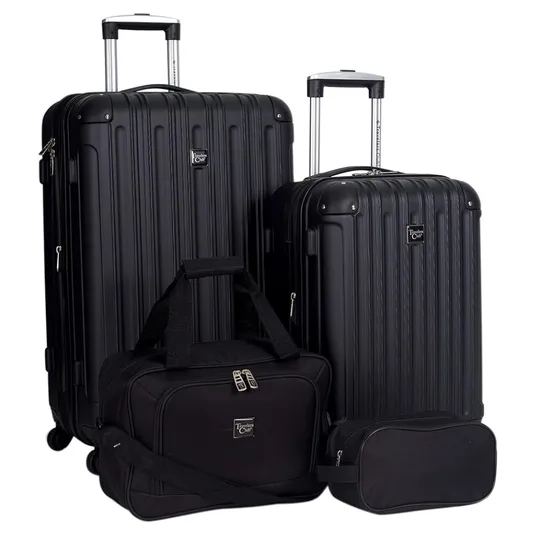 Black luggage set including two rolling suitcases, a duffel bag, and a small accessory pouch.