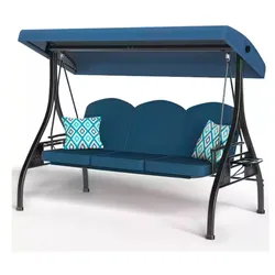 Blue outdoor swing with an adjustable canopy, featuring a metal frame and two patterned accent pillows.