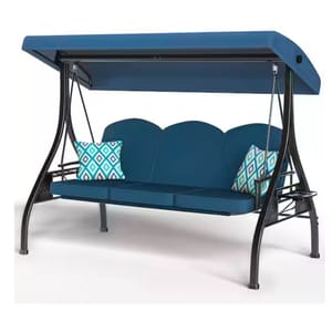 Blue outdoor swing with an adjustable canopy, featuring a metal frame and two patterned accent pillows.
