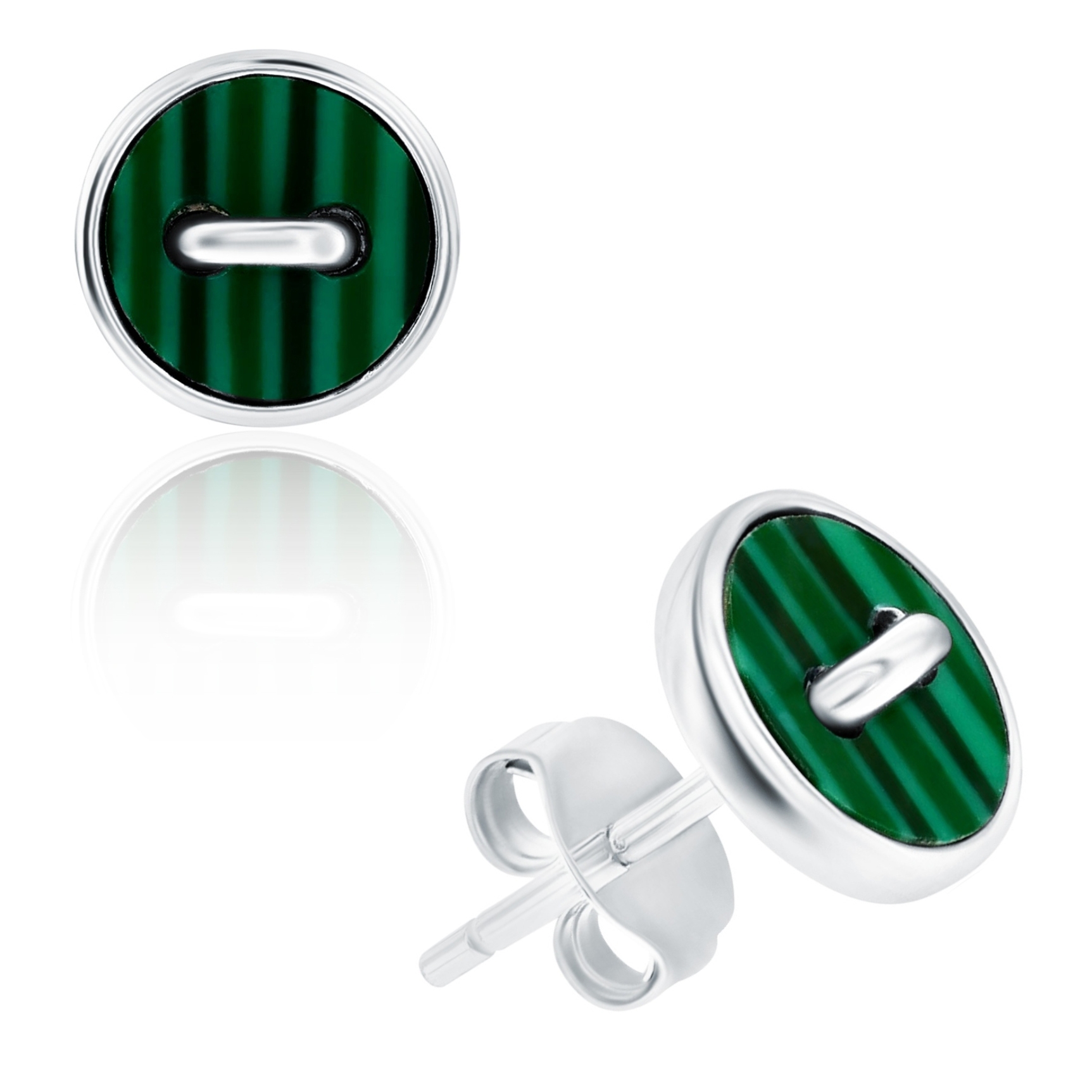 Silver and malachite studs feature a circular design with a dark green malachite inlay and a silver bar across the center. The studs have a polished silver setting and butterfly backs for secure fastening.
