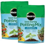 2pk Miracle-Gro Seed Starting Potting Mix, 8 dry quart bags, specially formulated for fast root development. Enriched with Miracle-Gro Plant Food, suitable for starting cuttings, and contains visuals of plants and vegetables.