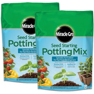 2pk Miracle-Gro Seed Starting Potting Mix, 8 dry quart bags, specially formulated for fast root development. Enriched with Miracle-Gro Plant Food, suitable for starting cuttings, and contains visuals of plants and vegetables.