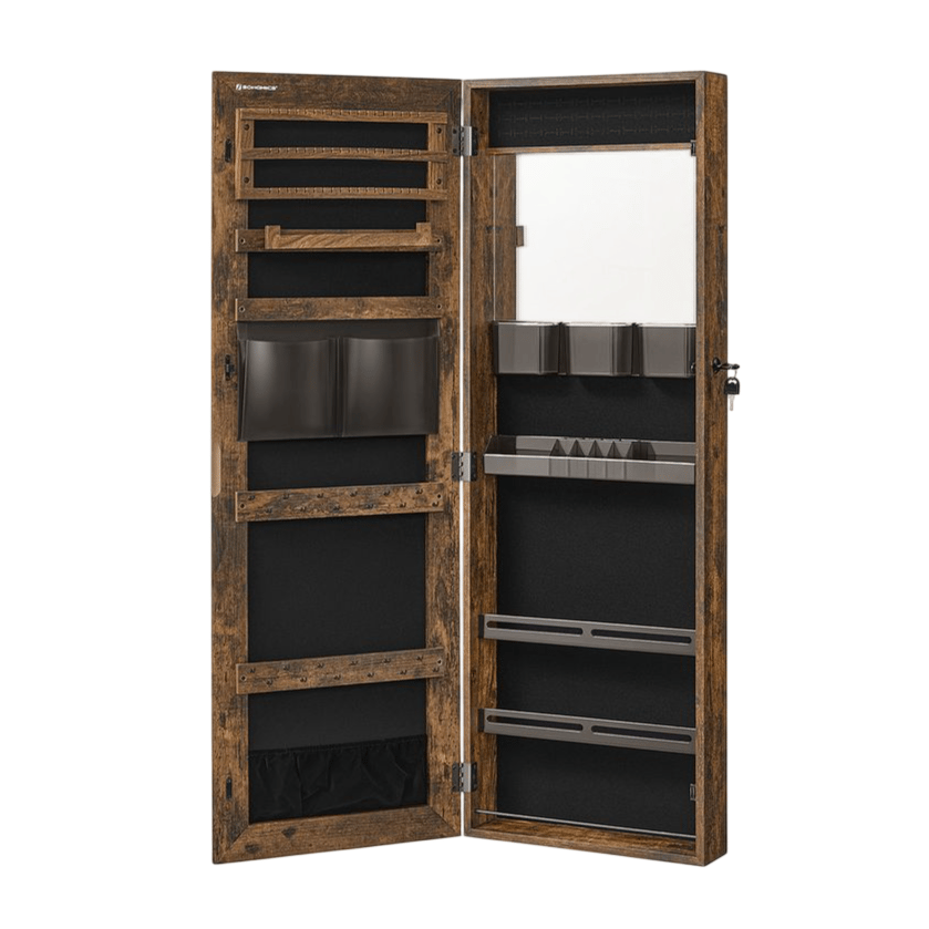 Wall-mounted jewelry cabinet with a rustic wood finish featuring multiple shelves, compartments, and a mirror inside.