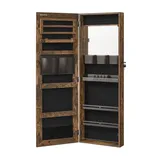 Wall-mounted jewelry cabinet with a rustic wood finish featuring multiple shelves, compartments, and a mirror inside.