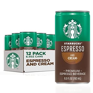 A 12-pack of Starbucks Espresso and Cream in 6.5 oz cans, featuring the brand's green and white color scheme and logo.