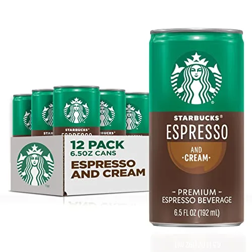 A 12-pack of Starbucks Espresso and Cream in 6.5 oz cans, featuring the brand's green and white color scheme and logo.