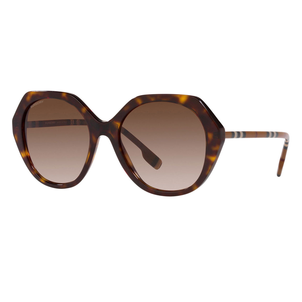 Tortoise-shell oversized round sunglasses with gradient brown lenses and striped detailing on the arms.