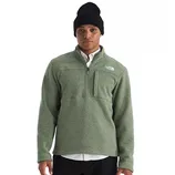 A person wearing a light green fleece pullover with a half-zip and a chest pocket, paired with a black beanie and a white collared shirt underneath.
