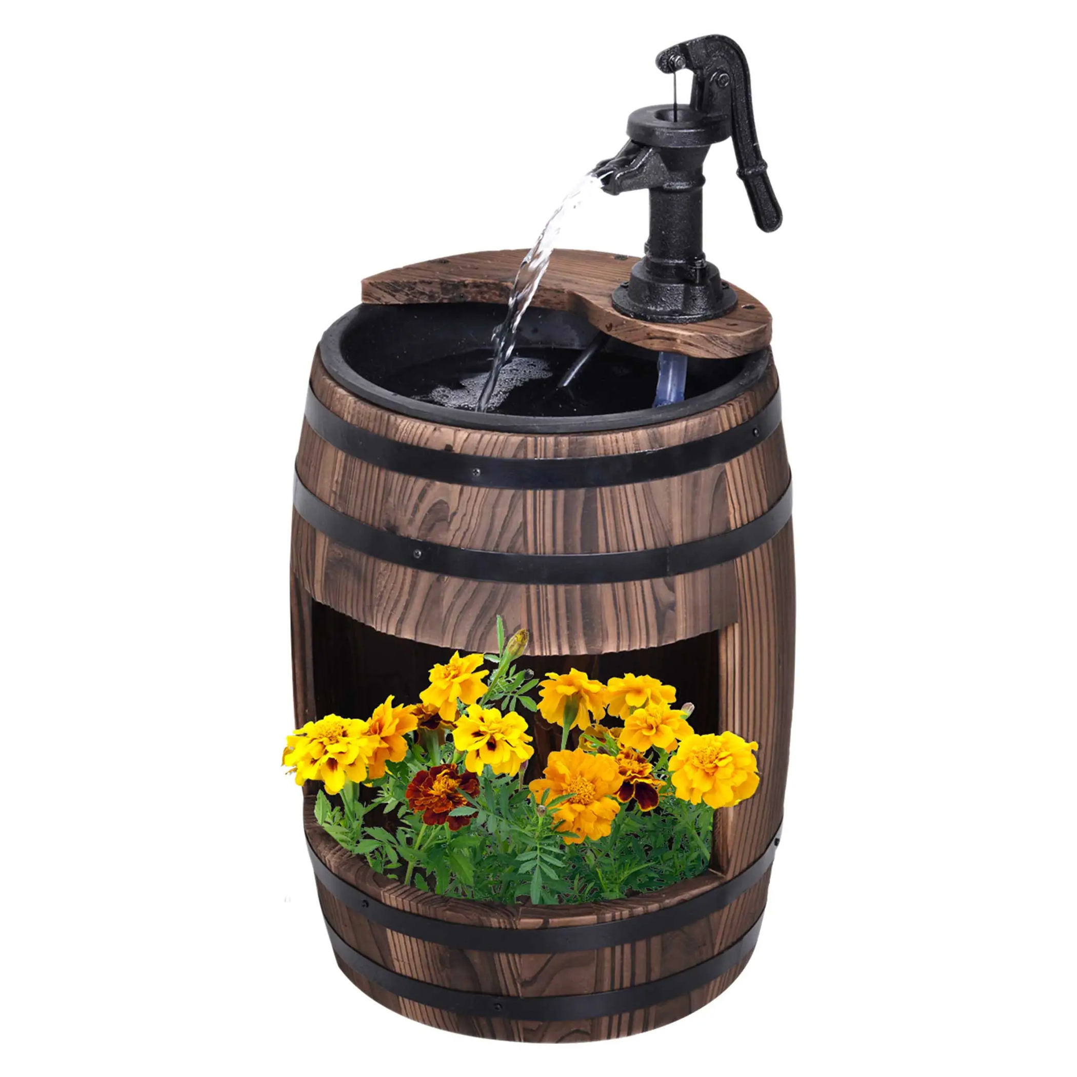 Wooden barrel with a water pump fountain on top, featuring a small flower bed with yellow marigolds in the bottom section.