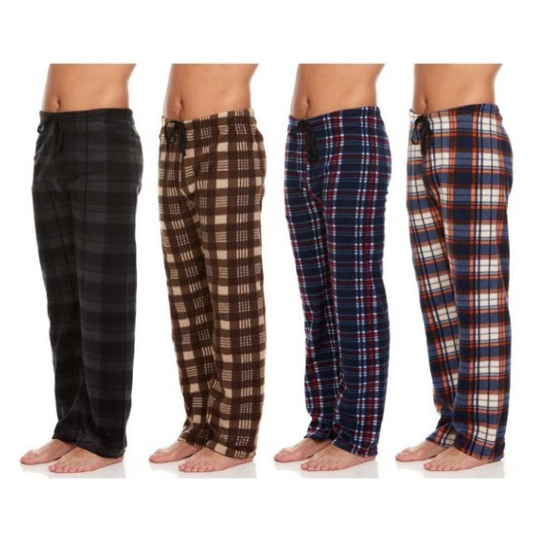 Four pairs of plaid pajama pants in black, brown, blue, and orange patterns with drawstring waists are shown in a side-by-side view.