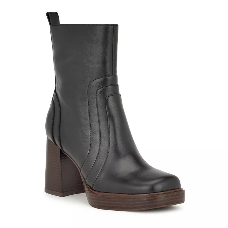 Black leather ankle boot with a block heel and platform sole, featuring stitched detailing and a pull tab at the back.
