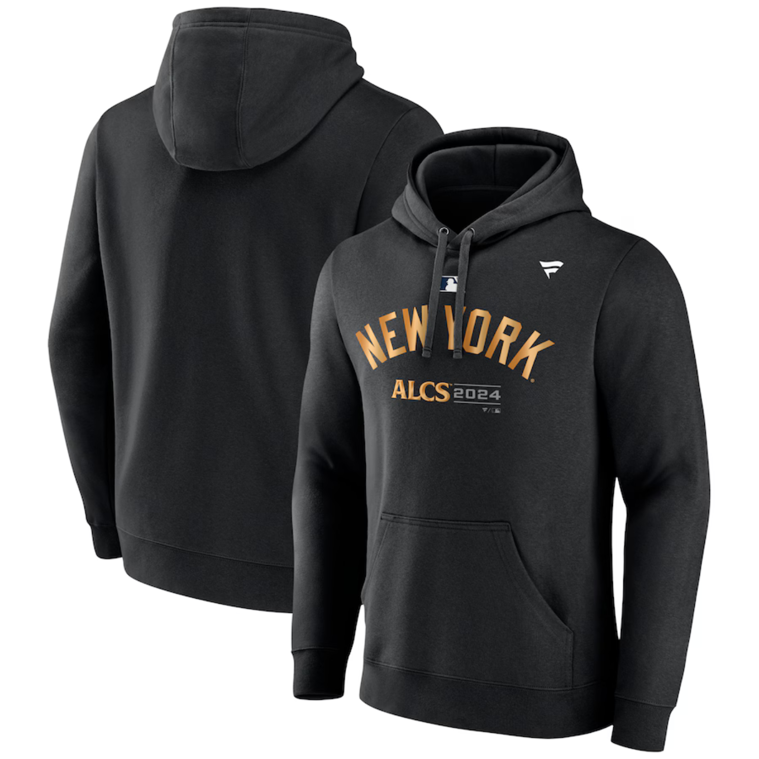 Black hoodie featuring \“NEW YORK\“ and \“ALCS 2024\“ in gold letters, with MLB and Fanatics logos, and a front pouch pocket.