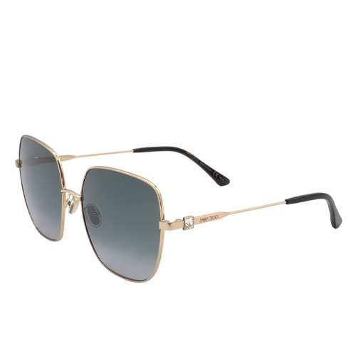 Gold-framed sunglasses with square, dark gradient lenses, featuring thin arms with black tips and a small brand logo on the side.