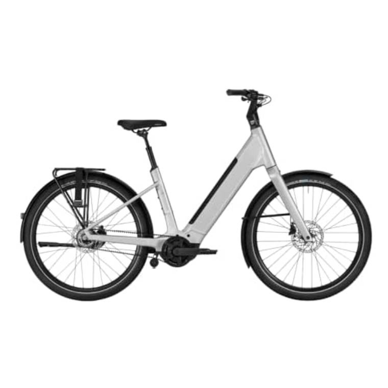 A silver electric bicycle with a low step-through frame, featuring disc brakes, rear rack, and fenders.