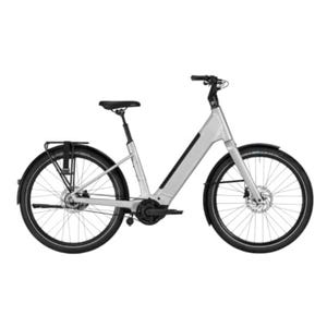 A silver electric bicycle with a low step-through frame, featuring disc brakes, rear rack, and fenders.