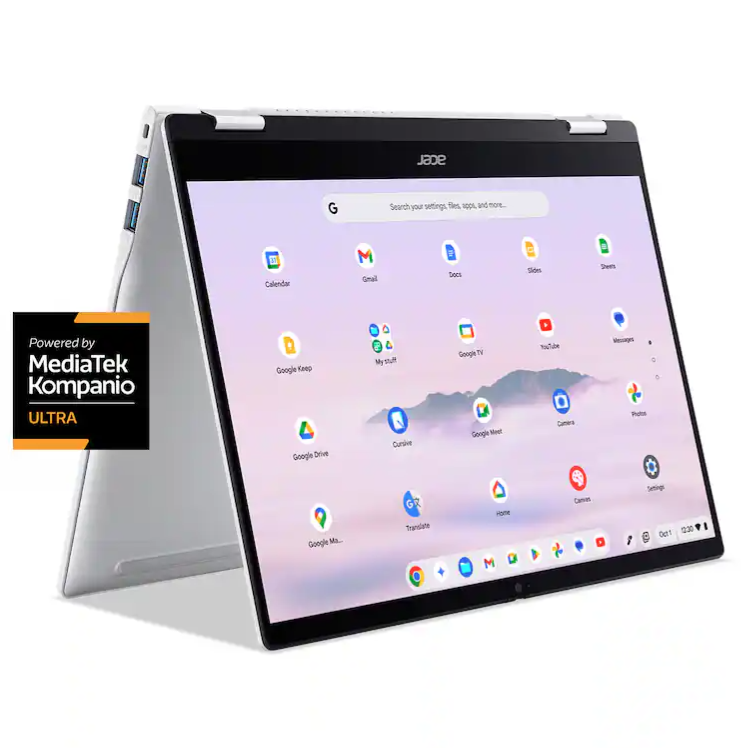 Acer Chromebook in tent mode featuring a touch display with various apps, powered by MediaTek Kompanio Ultra.