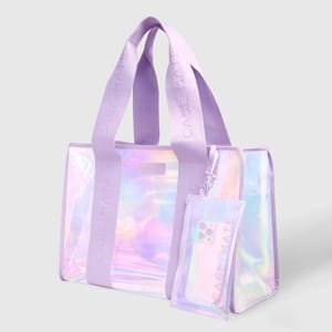 A holographic travel tote accompanied by a matching phone pouch, both featuring lavender straps with the CASE-MATE logo.