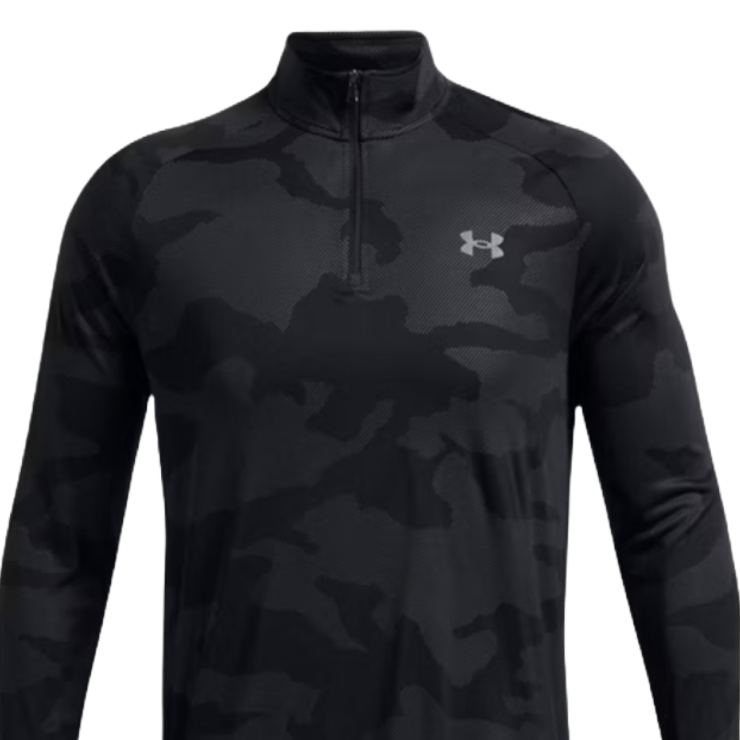 Black camo-patterned long-sleeve pullover with a quarter-zip, featuring the Under Armour logo on the chest.