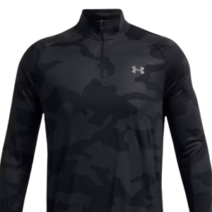 Black camo-patterned long-sleeve pullover with a quarter-zip, featuring the Under Armour logo on the chest.