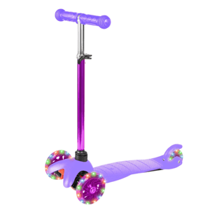 A purple three-wheeled children's scooter featuring LED lights in the wheels, a textured footboard, and a T-shaped handlebar.