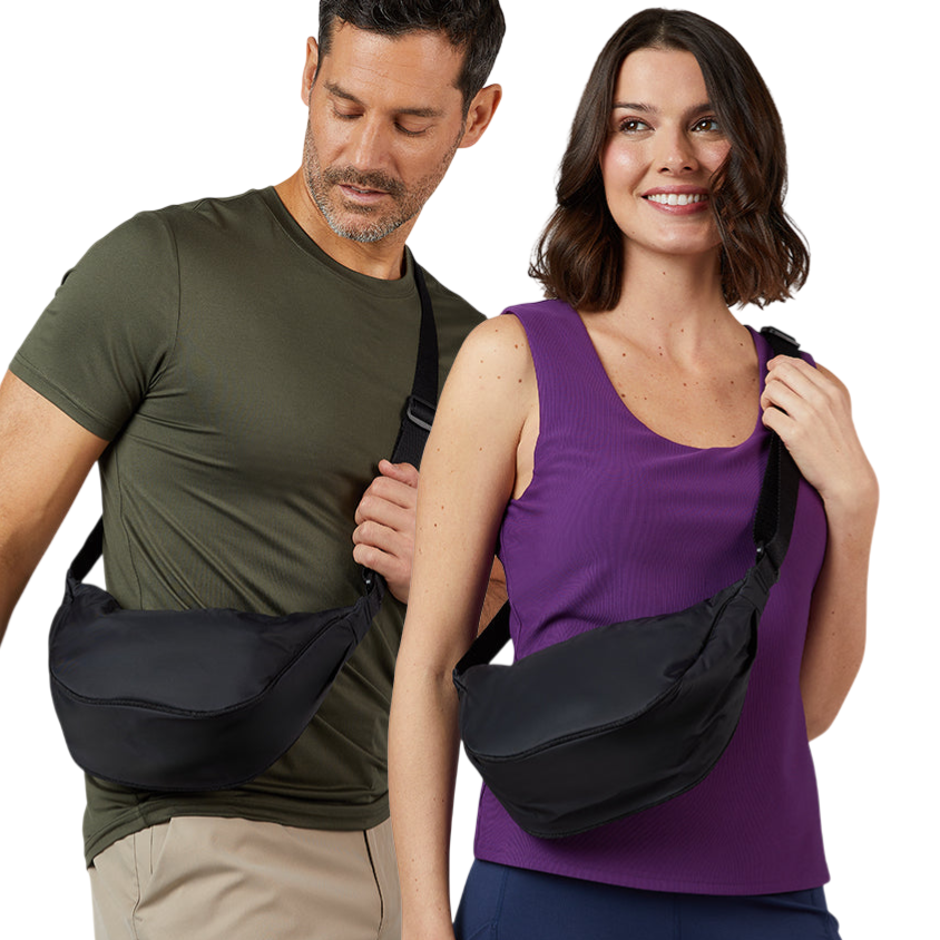 Two people are wearing black sling bags across their chests. One person is in a green shirt and beige pants; the other is in a purple tank top and blue leggings.