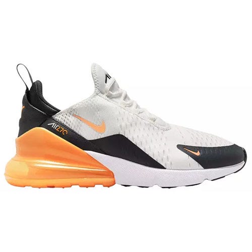 Nike Air Max 270 sneaker with a white mesh upper, orange heel, and black accents, featuring an orange Swoosh logo and a visible air unit in the heel for cushioning.