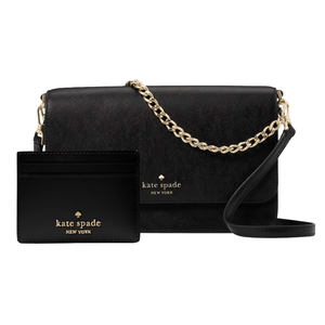 A black Kate Spade New York crossbody bag with a gold chain strap is paired with a matching cardholder, both featuring the brand's logo in gold lettering.