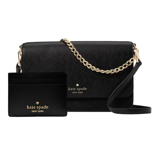 A black Kate Spade New York crossbody bag with a gold chain strap is paired with a matching cardholder, both featuring the brand's logo in gold lettering.