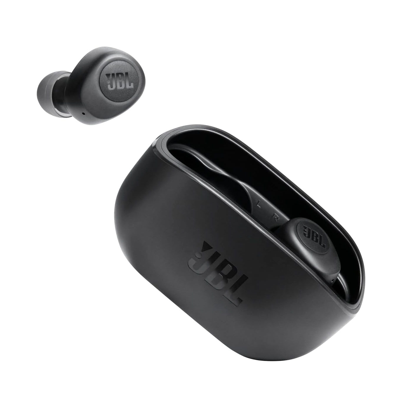 JBL wireless earbuds with a compact charging case are shown. The design is sleek and black, featuring a comfortable in-ear fit with the JBL logo on both the earbuds and the case.