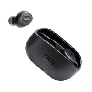 JBL wireless earbuds with a compact charging case are shown. The design is sleek and black, featuring a comfortable in-ear fit with the JBL logo on both the earbuds and the case.