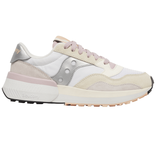 A Saucony sneaker featuring a mix of soft pastels and neutral hues with suede, mesh, and synthetic materials.